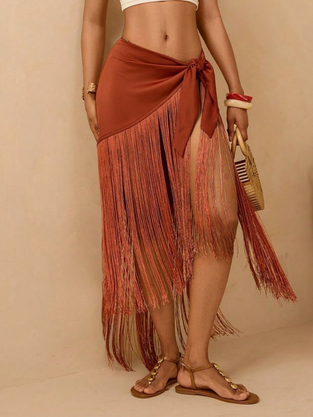 Chocolate Brown Boho Women's Knotted Waist Tassel Hem Skirt - Picture 4 of 6